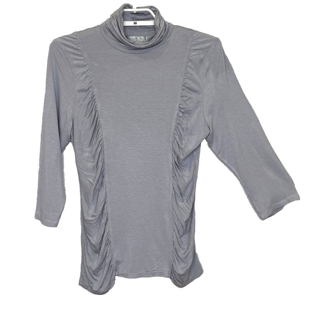 Vintage Suzie Ruched Top Womens Large Light Gray Turtleneck 3/4 Sleeve Stretch